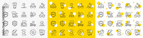 Sunscreen, beach lounger and umbrella set. Sun protection line icons. Summer sunbed, sunblock cream and uv sunglasses line icons. Spf protection, skin care lotion and beach sunscreen. Vector