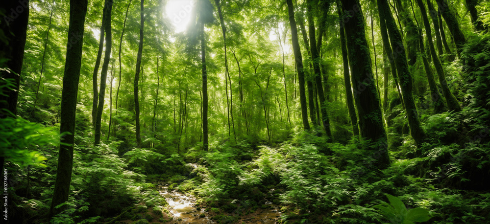 Fototapeta premium Lush forest, where tall trees and abundant foliage create a tranquil atmosphere. Connect with nature's beauty. Generative AI.