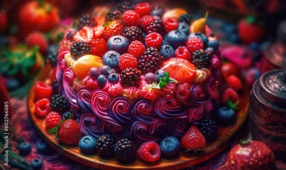  a colorful cake with berries, raspberries, and blueberries on it.  generative ai