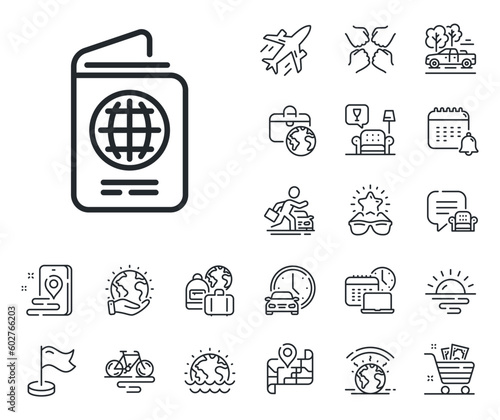 ID document sign. Plane jet, travel map and baggage claim outline icons. Passport line icon. Citizen identity doc symbol. Passport line sign. Car rental, taxi transport icon. Place location. Vector