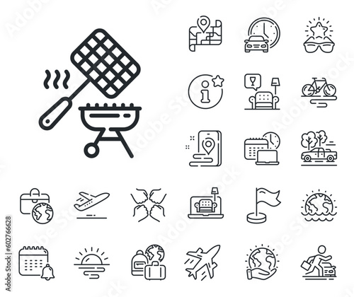 Barbecue cooker sign. Plane jet, travel map and baggage claim outline icons. Grill basket line icon. Meat brazier utensils symbol. Grill basket line sign. Car rental, taxi transport icon. Vector