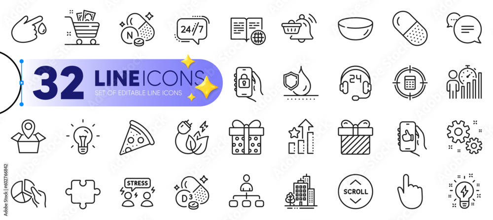 Outline set of Management, Hand click and Waterproof line icons for web with Vitamin n, Pizza, Text message thin icon. Like app, Puzzle, Cholecalciferol pictogram icon. Scroll down. Vector