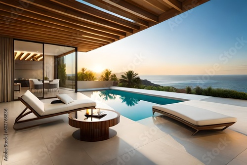 A stunning outdoor terrace with a pool  comfortable loungers  and a panoramic view of lush gardens or a serene ocean.