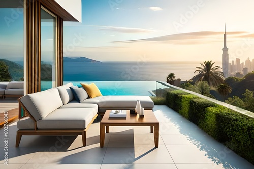 A stunning outdoor terrace with a pool, comfortable loungers, and a panoramic view of lush gardens or a serene ocean.