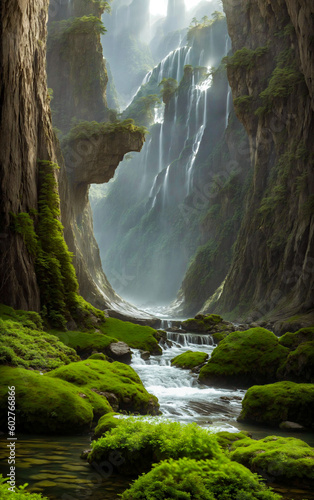 Mystical river winds its way through a lush canyon  waterfall in the distance. fantasy vertical landscape  generative AI.