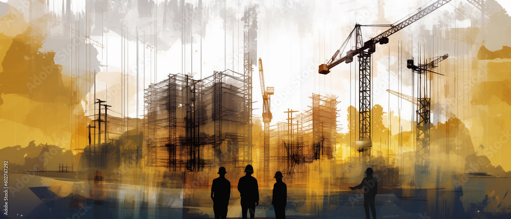 workers double exposure photography with buildings on the background. generative ai. workers double exposure photography with buildings on the background. generative ai.
