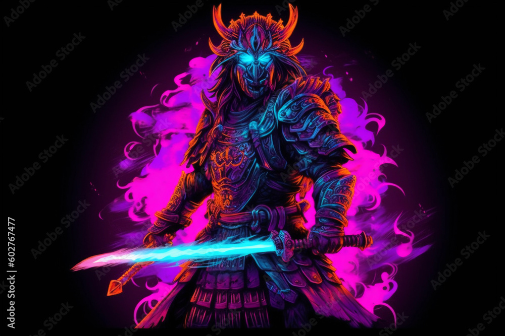 cyberpunk samurai with neon color. generative ai. cyberpunk samurai with neon color. generative ai.