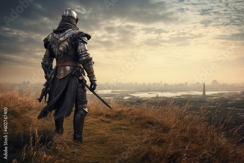 medieval warrior fighter using iron armor. illustration photography. generative ai.