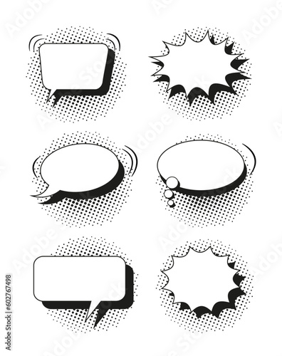 Comic pop art speech bubbles. Cartoon balloons with halftone shadow. Set of chat bang clouds with dots. Black white text boxes. Star burst clouds. Funny message shapes. Vector illustration.