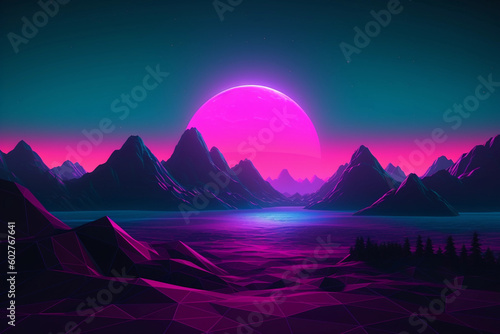 Neon retrowave or synthwave background with grid and sun.