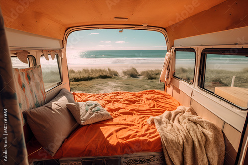 Summer day in a converted van on the beach, that's life in a van. view of a beautiful sunset from the orange-red camper Home is where you park. vacation and travel concept Generative AI