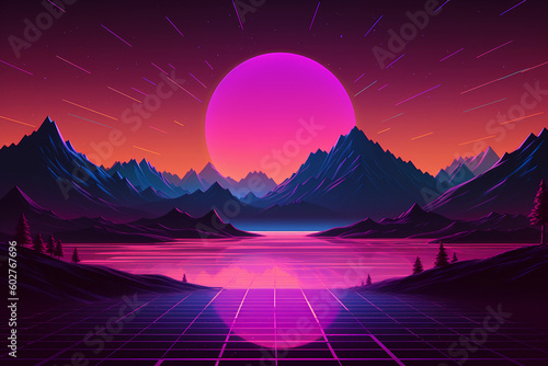 Neon retrowave or synthwave background with grid and sun. generative ai
