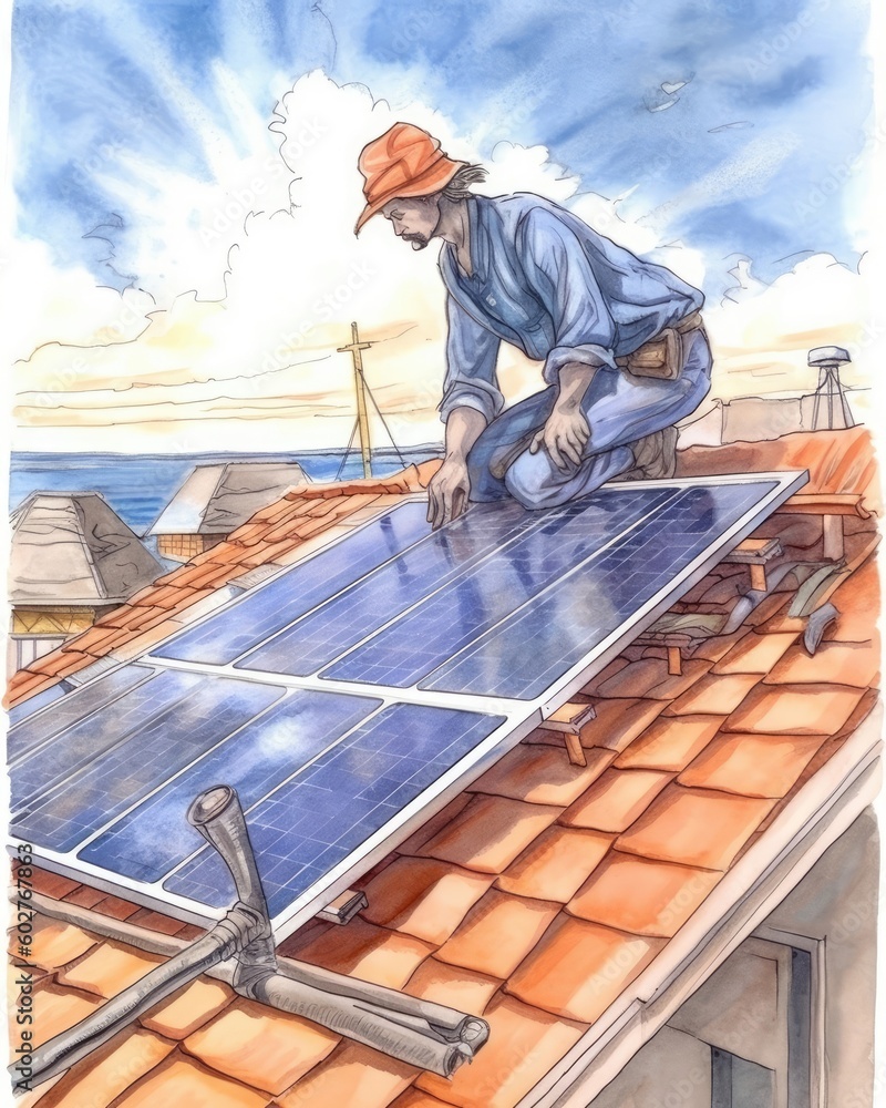 A worker installs solar panels on a roof. (Generative AI) A worker installs solar panels on a roof. (Generative AI)