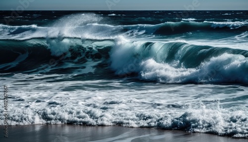 The ocean has foamy waves rolling up. (Generative AI)