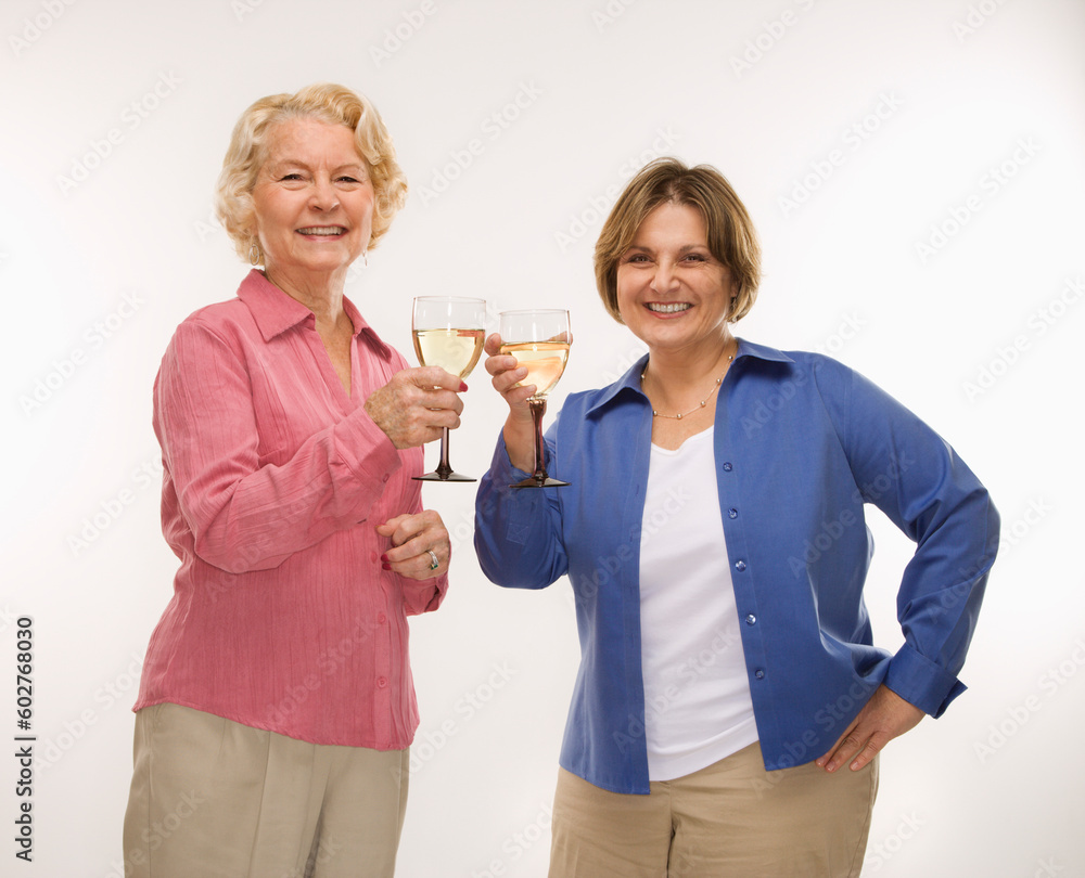 Caucasian senior woman and middle aged woman toasting wine glasses and smiling at viewer. Caucasian senior woman and middle aged woman toasting wine glasses and smiling at viewer.