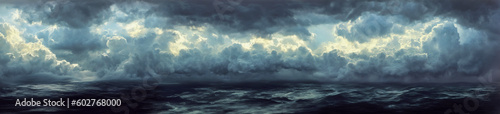 panoramic photo of a storm cloud-filled cloudscape above the vast expanse of the sea. 