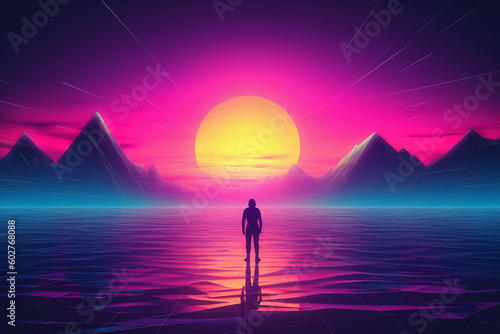 Neon retrowave or synthwave background with a man sitting on top of mountain lookin to the horizon. generative ai. photo