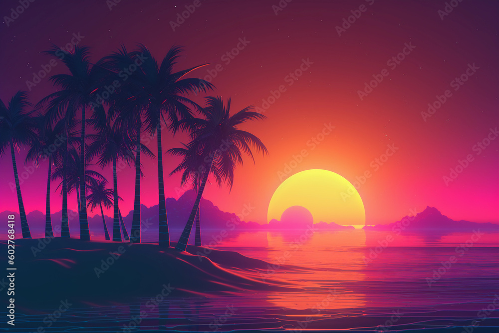 Neon retrowave or synthwave background with grid and sun. generative ai