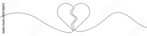 A broken heart line continuous drawing vector. One line A broken heart vector background. м icon. Continuous outline of A broken heart. A brokens hearts linear design.