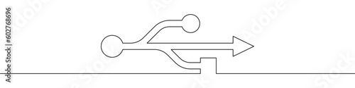 USB port line continuous drawing vector. One line USB port vector background. USB port icon. Continuous outline of USB port. USB`c ports linear design.