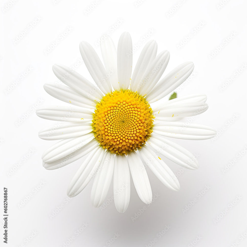 A close up of chamomile flower on a white surface. Generative AI.