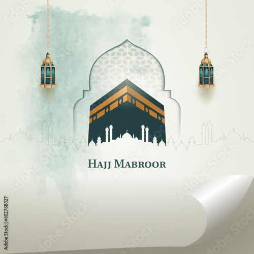 islamic hajj pilgrimage card design with two gold lanterns and holy kaaba photo