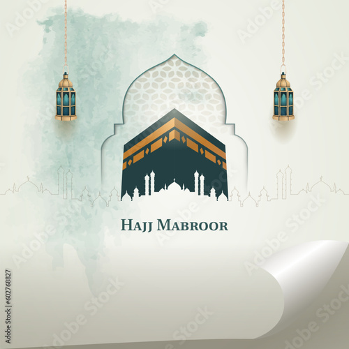 islamic hajj pilgrimage card design with two gold lanterns and holy kaaba