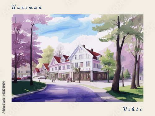 Vihti: Post card design with beautiful town painting in Finland and the city name Vihti