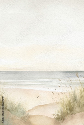 Beach and ocean watercolor landscape. Summer watercolor background. Generative AI.