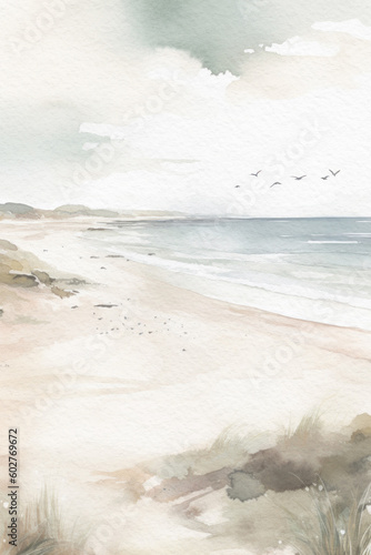 Beach and ocean watercolor landscape. Summer watercolor background. Generative AI.