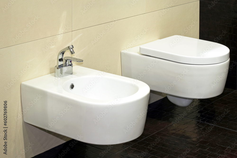 Fototapeta premium White bidet and toilet in brown lavatory