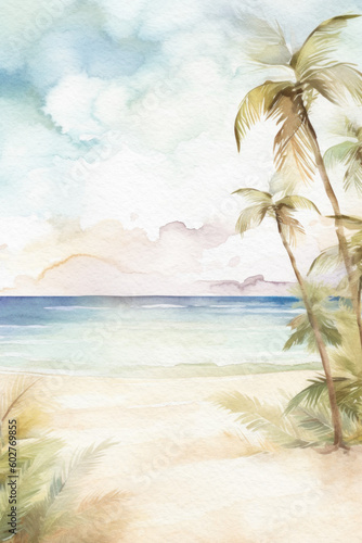 Tropical beach background. Summer watercolor landscape. Tropical island with palm trees. Ocean and beach summer wallpaper. Generative AI.