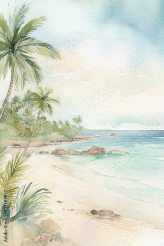 Tropical beach background. Summer watercolor landscape. Tropical island with palm trees. Ocean and beach summer wallpaper. Generative AI.