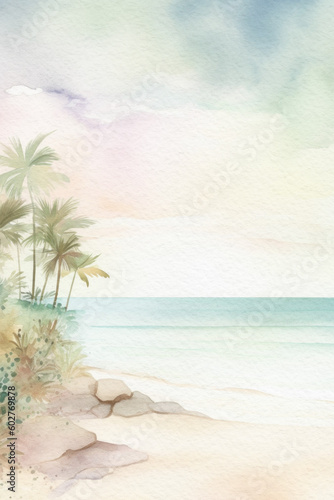 Tropical beach background. Summer watercolor landscape. Tropical island with palm trees. Ocean and beach summer wallpaper. Generative AI.