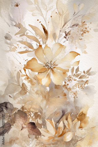 Neutral floral background. Watercolor beige flowers and leaves. Generative AI. © StylishDesignStudio