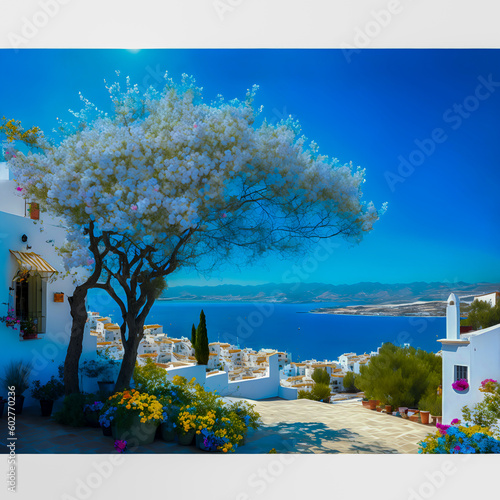 Andalusia cityscape, olive trees White walls, colorful flowers, bright sunlight, azure sea, poetic, delicate, very realistic 32k