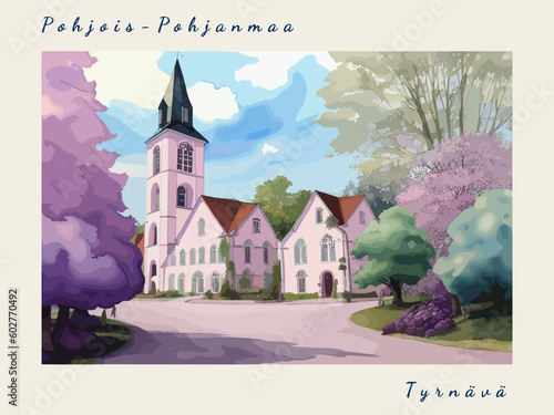 Tyrnävä: Post card design with beautiful town painting in Finland and the city name Tyrnävä