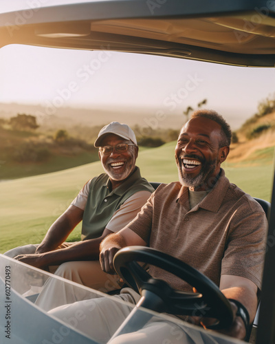 father and son riding on a golf cart, golf course, fathers day sunset © Justin
