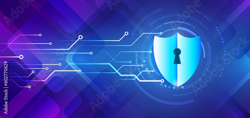 Data security system, information, or network protection. Cyber security and data protection. Shield icon, future technology for verification. Abstract high-tech background.