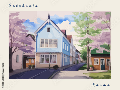 Rauma: Post card design with beautiful town painting in Finland and the city name Rauma