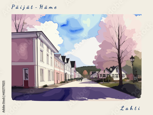 Lahti: Post card design with beautiful town painting in Finland and the city name Lahti