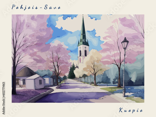 Kuopio: Post card design with beautiful town painting in Finland and the city name Kuopio