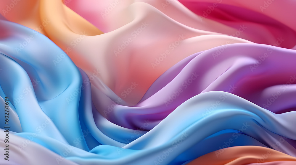 Fototapeta premium Multicolored silk background. Texture of soft wavy fabric in rainbow pastel colors. Close-up, copy space, template. Abstract design for banners, cards, posters. AI generated.