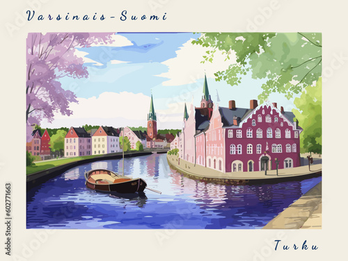 Turku: Post card design with beautiful town painting in Finland and the city name Turku