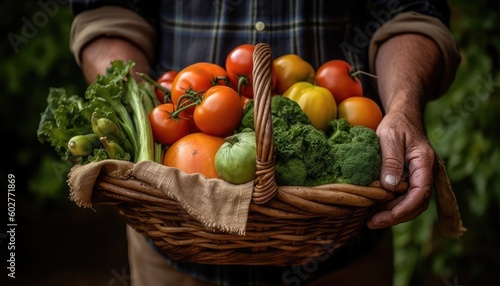 The farmer holds a basket of freshly harvested vegetables in close-up. (Generative AI)