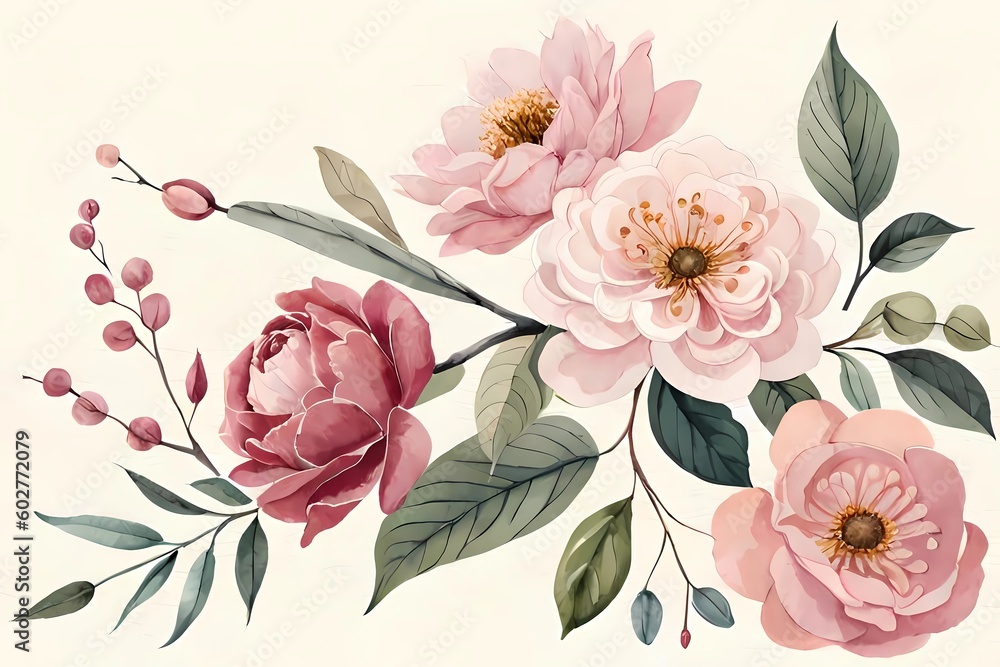 Watercolor floral illustration, green leaves, burgundy pink peach blush white flowers for Wedding invitations wallpapers wallpaper and fashion prints with Eucalyptus, olive, peony, rose
