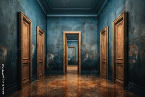 Doors lead into an empty dark room  in the style of light white and light indigo. Generative AI