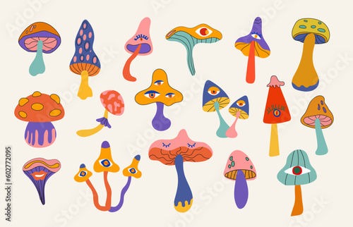 Set of clockwork mushrooms in retro 70s style. Psychedelic abstract hippie style mushrooms with eyes. Vector illustration on a light background.