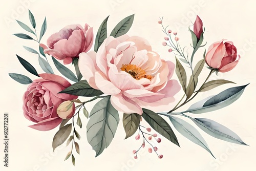 Watercolor floral illustration, green leaves, burgundy pink peach blush white flowers for Wedding invitations wallpapers wallpaper and fashion prints with Eucalyptus, olive, peony, rose