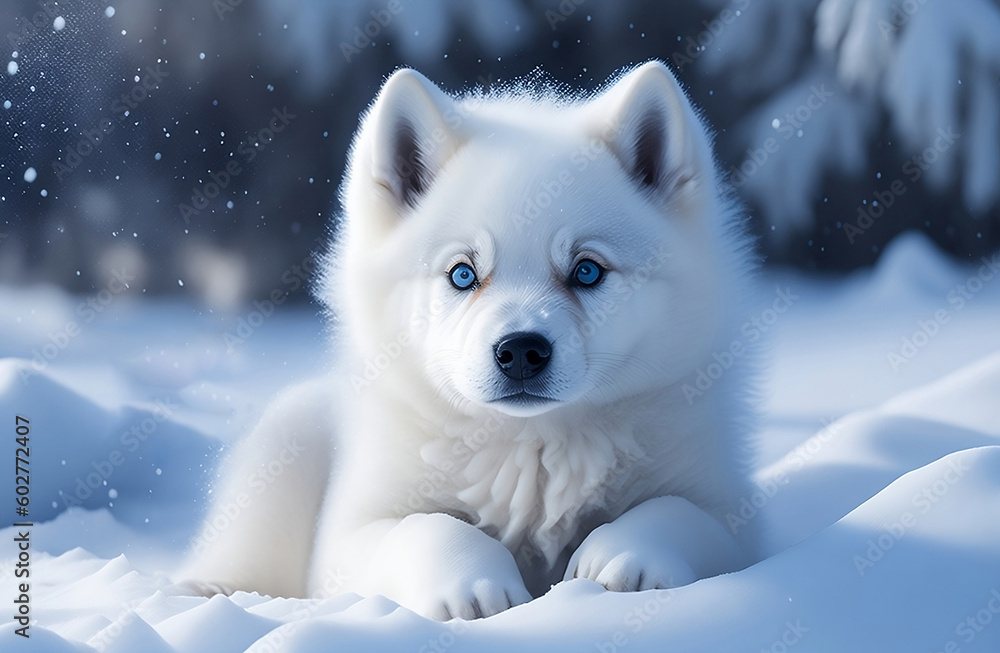 Baby wolf in snow.  baby husky in snow. White color wolf baby in snow. Generative AI